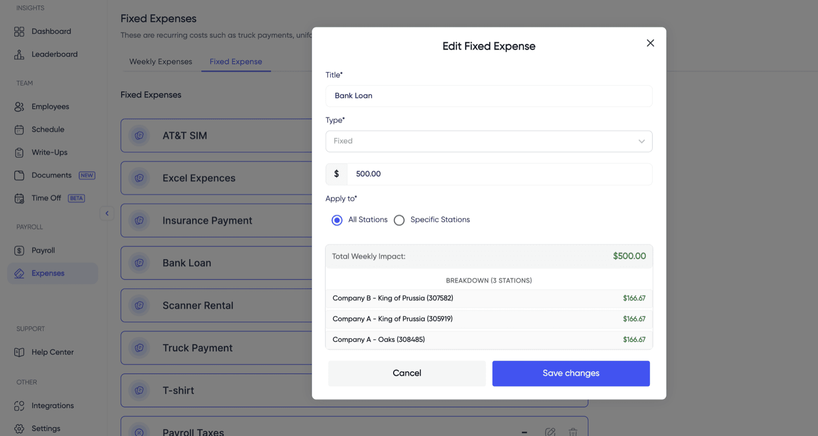 FleetWage expense management showing fixed expenses with edit modal for bank loan across 3 stations