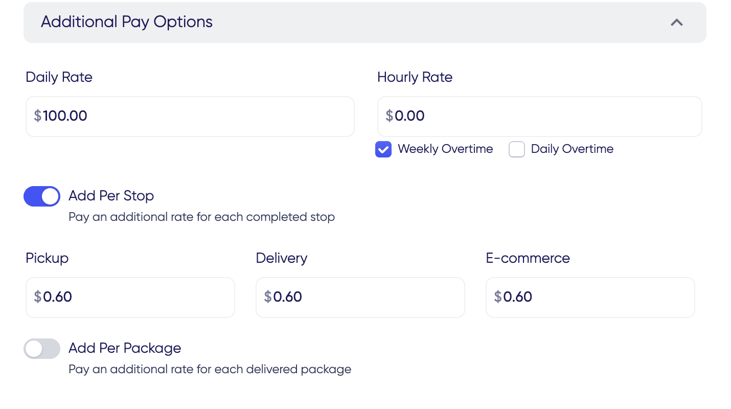 FleetWage per-stop pay configuration showing daily rate, hourly rate, overtime options, and per-stop rates for pickup, delivery, and e-commerce